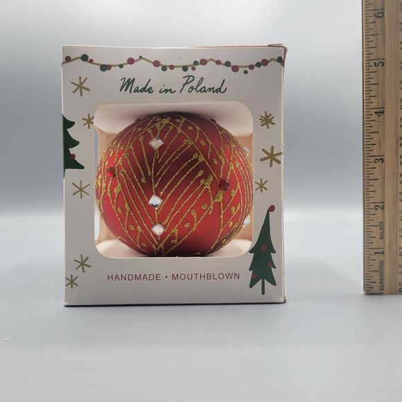 Handmade Mouthblown Christmas Ornament Made In Poland Red Gold - Picture 5 of 5